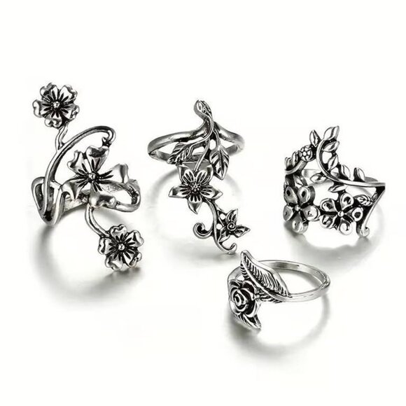 4 pieces Silver Flower Vine Theme Personality Ring Set - Picture 4 of 5